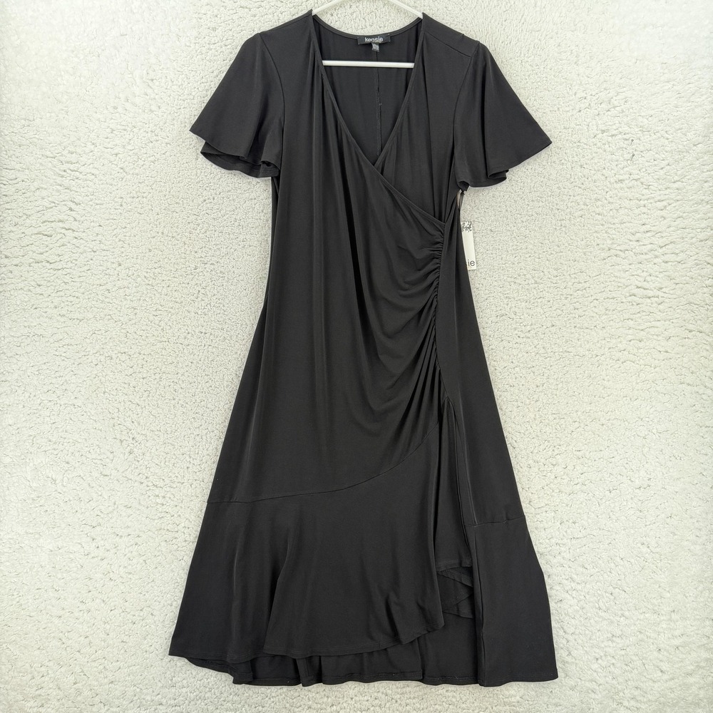 Kensie Dress Womens Large Black Ruched Faux Wrap Flutter Sleeve Midi NWT